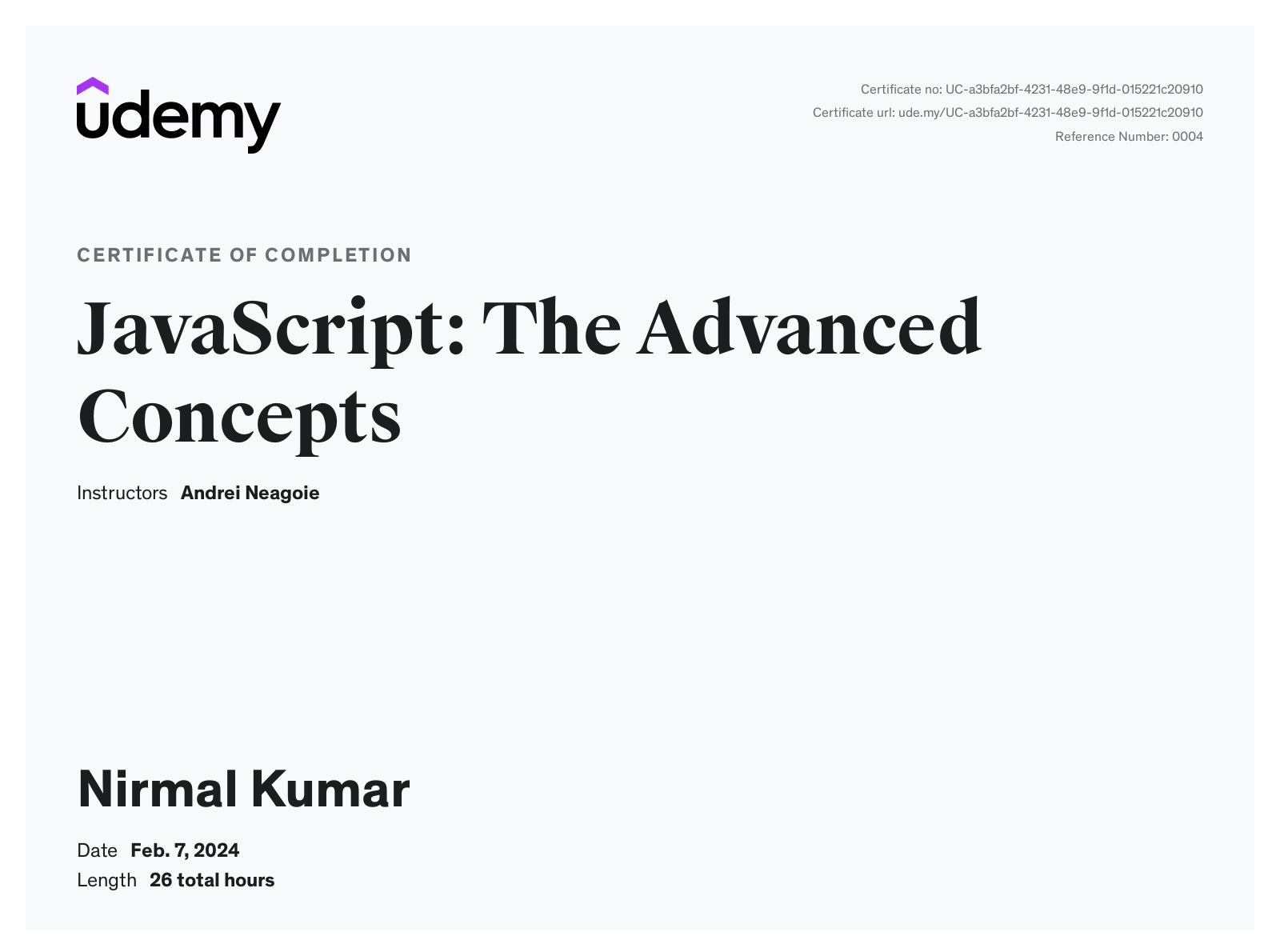 Advanced Javascript Udemy Certifications for Nirmal Kumar