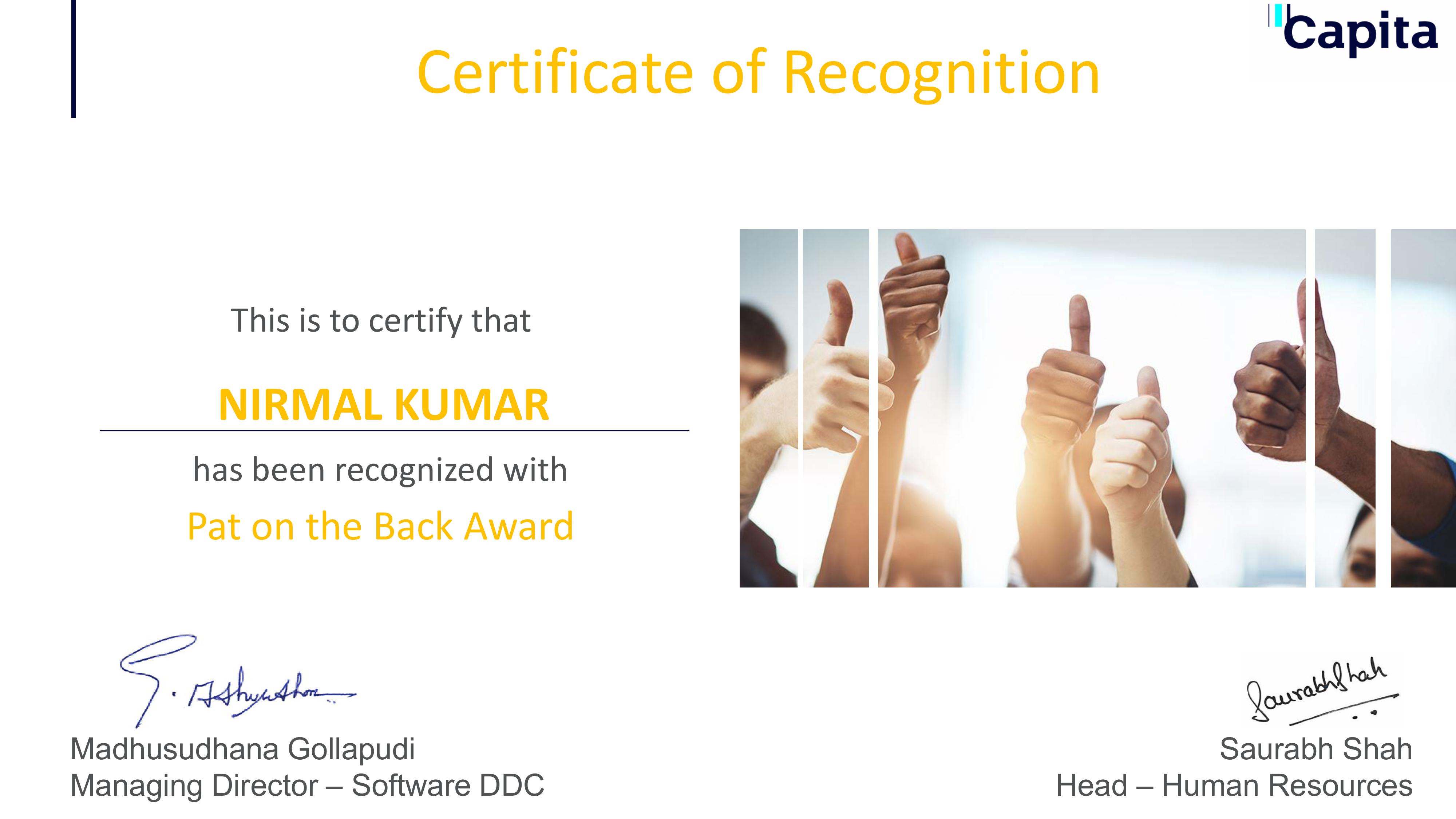 Pat on Back Award by Capita